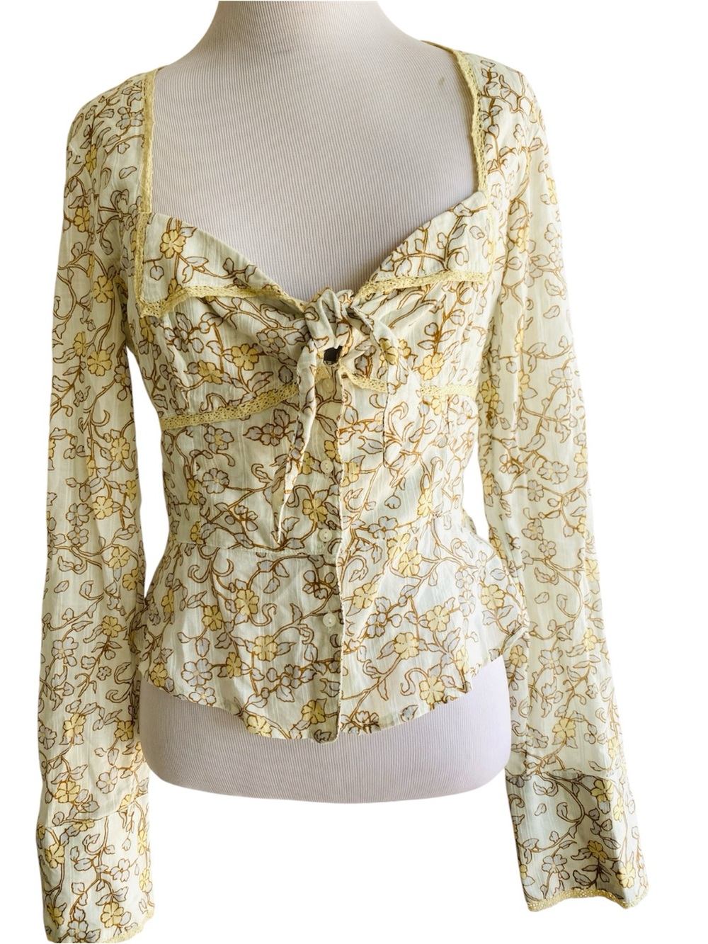 Free People Call Me Baby Long-Sleeve Blouse Cream Floral Small Boho Cottagecore